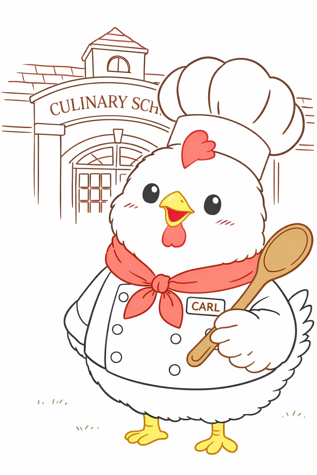 Carl the chicken, ready with his wooden spoon and chef's hat, stands in front of the Cluckinary Academy